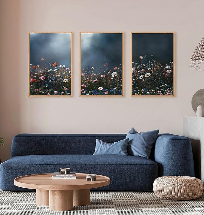 LHIUEM Large Nature Moody Floral Framed Canvas Wall Art,Abstract Dark Wall Decor,Wildflower Botanical Landscape Wall Painting,Picture Artwork for Living Room,Bedroom,Dining Room,Office -16"x24"x3