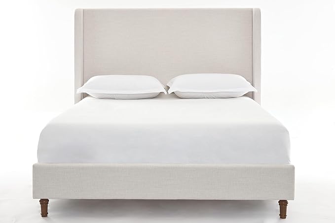 Queen Size Upholstered Platform Bed with 54" Tall Wingback Headboard/Elegant Upholstered Bed Frame Without Wooden Slats/Box Spring Required/Easy Assembly/Textured Ivory Canvas