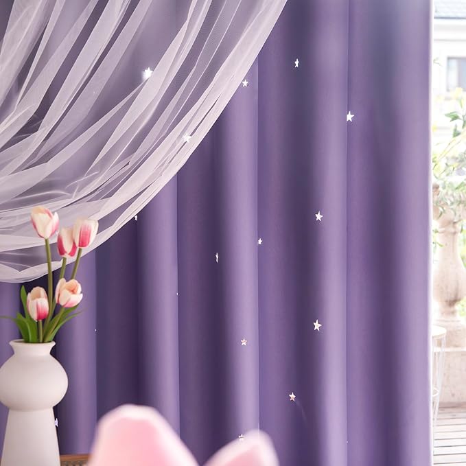 Star Double Layer Blackout Curtains for Bedroom, Kids - Cute, 63 Inch Long, 2 Panels Set, Purple, 42 x 63 Inches