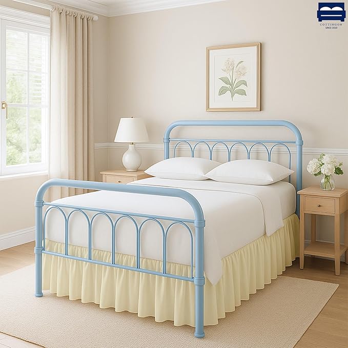 Cottingon Ruffled Bed Skirt with Split Corners-Dust Ruffle - 12" Drop 100% Microfiber Soft,Sheen & Luxurious Look - Bed Skirts (Ivory -Queen)
