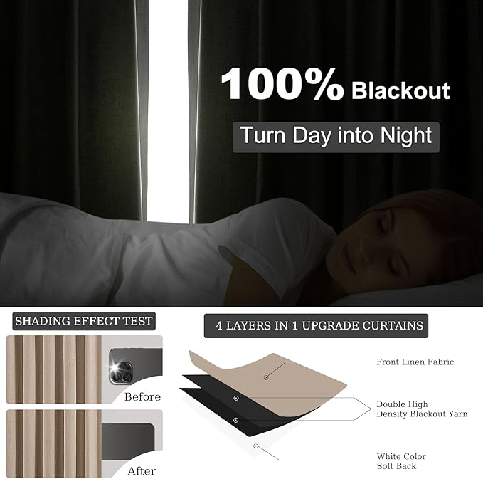 Topfinel 105 Inches Long Custom Black Out Faux Thick Linen Drapery Panels, Pinch Pleated Heat Reflective Neurtral Curtains with Pin Hooks, Luxury Lined Back Tab Drapes Set of 2