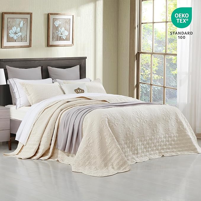 CHIXIN Bedspread Coverlet Quilt Set Full Size - Lightweight Bedding Cover - Ultrasonic Quilting - 5 Piece Reversible Bedspread - Elegant Damask Paisley Pattern (Full, Ivory)