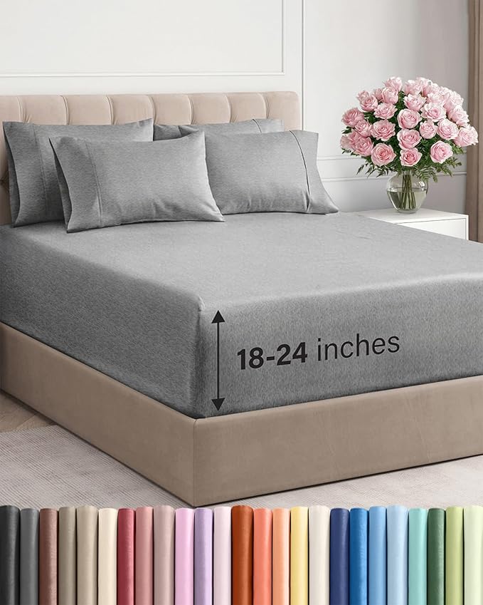 Extra Deep Cal King Sheet Set - 6 Piece Breathable & Cooling Sheets - Hotel Luxury Bed Sheets Set - Easy Fit - Soft, Wrinkle Free & Comfy Sheets Set - Heathered Grey Sheet Set w/Extra Deep Pockets