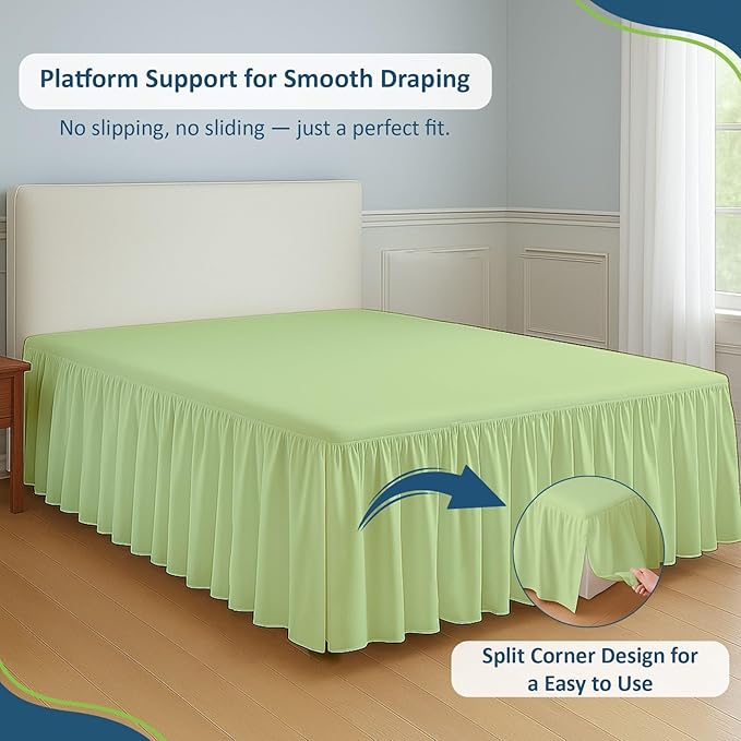 Rajlinen Ruffled Bed Skirt Twin, 14 Inch Drop Dust Ruffle with Split Corners, 100% Microfiber Bedskirt with Platform, Three-Sided Coverage Ruffled Gathering Design, Sage