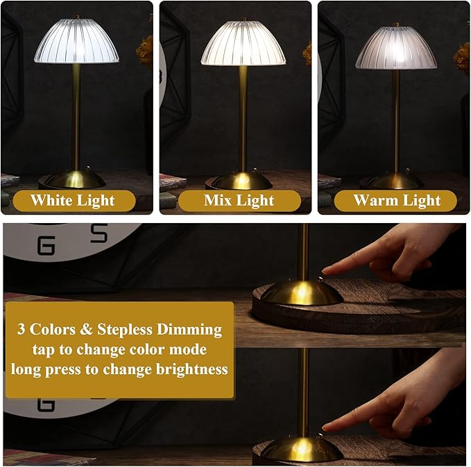 Liliful 2 Pcs Cordless Table Lamp Rechargeable Touch LED Small Gold Portable Battery Operated USB-c Desk Lamp 3 Color Dimmable for Bedroom Living Room Dining (Gold,Mushroom Style)