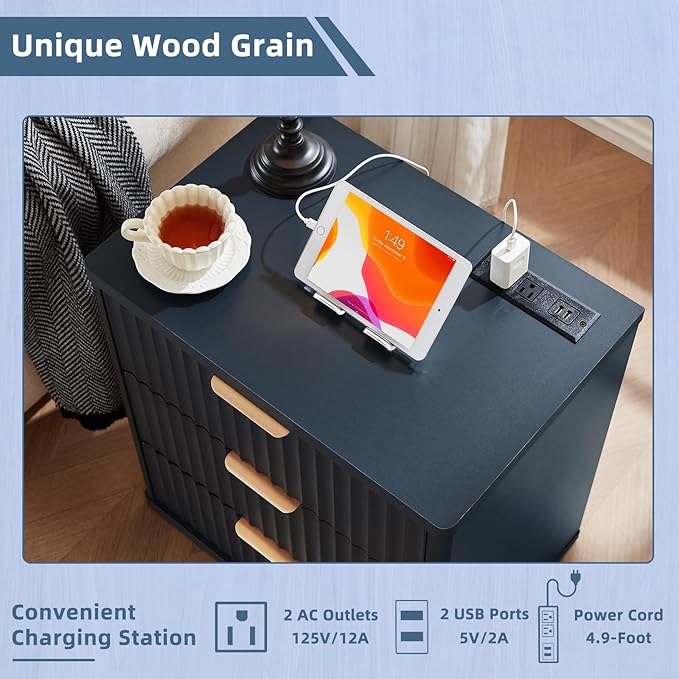 LEYAOYAO 48" Wide Fluted Dresser and 3 Drawers 23" Nightstand Set of 2, Wooden Dresser & Night Stand with Charging Station, 3 Piece Bedroom Furniture Set, Chest of Drawer for Living Room,Navy Blue