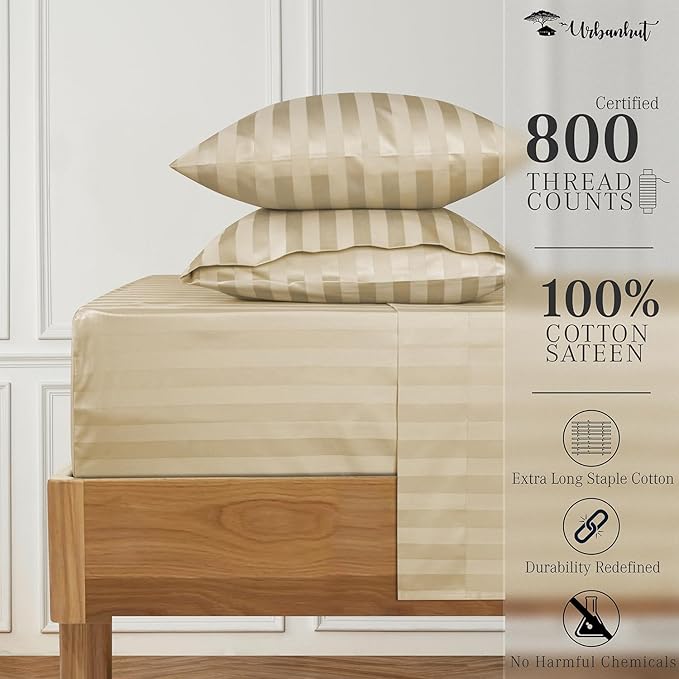 URBANHUT 800 Thread Count 100% Cotton Damask Queen Size Sheets, 4 Piece Striped Queen Size Bedsheets, Luxury Hotel Sheets Sateen Weave - Better Than Egyptian, 16" Elasticized Deep Pocket- Sand