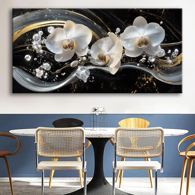 White Orchid Canvas Wall Art - Modern Floral Picture for Living Room, Bedroom Wall Decor, Framed Wall Art for Home Decoration, Elegant Flower Paintings Ready to Hang, Large Wall Art 75x150cm(30x60in)