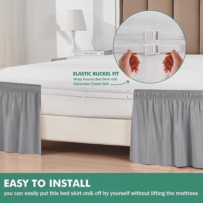 Biscaynebay Wrap Around Bed Skirts with Split Corners for Queen Beds 16" Drop, Silver Grey Elastic Dust Ruffles Adjustable Easy Fit Wrinkle & Fade Resistant Silky Luxurious Fabric Machine Washable