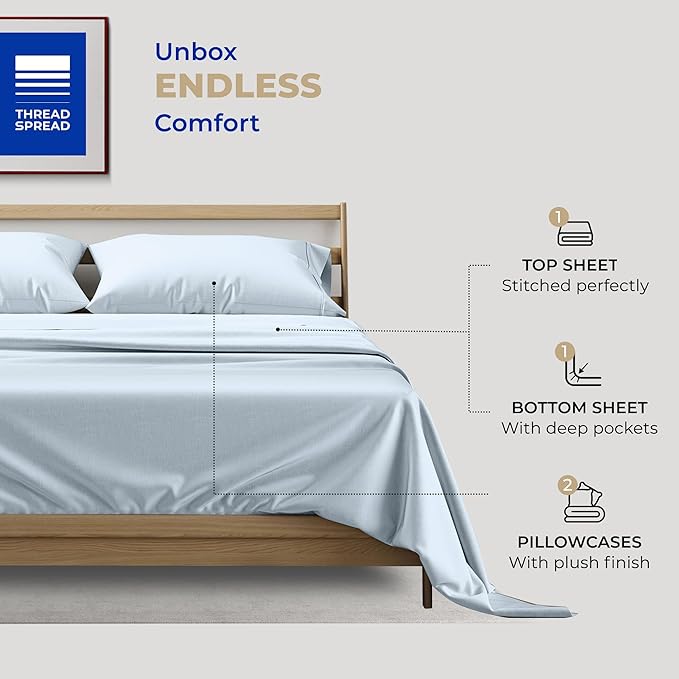 THREAD SPREAD California King Sheets - 400 Thread Count 100% Cotton, Cooling, Extra Soft, Deep Pocket Cal King Sheet Set (Light Blue)