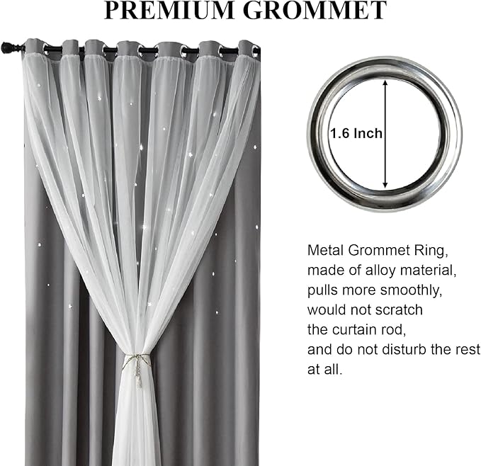Star Double Layer Blackout Curtains for Bedroom & Kids, Cute, 108 Inches Long, 2 Panels Set, Grey, 42 X 108 Inches