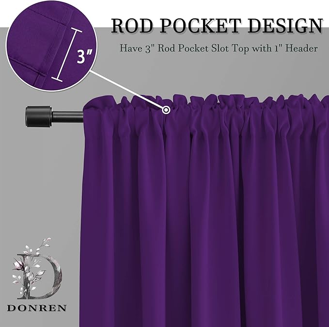 DONREN Room Darkening Window Curtain Panels for Bedroom - Rod Pocket Blackout Solid Curtains for Dining Room(Purple,52 W x 96 L 2 Panels)