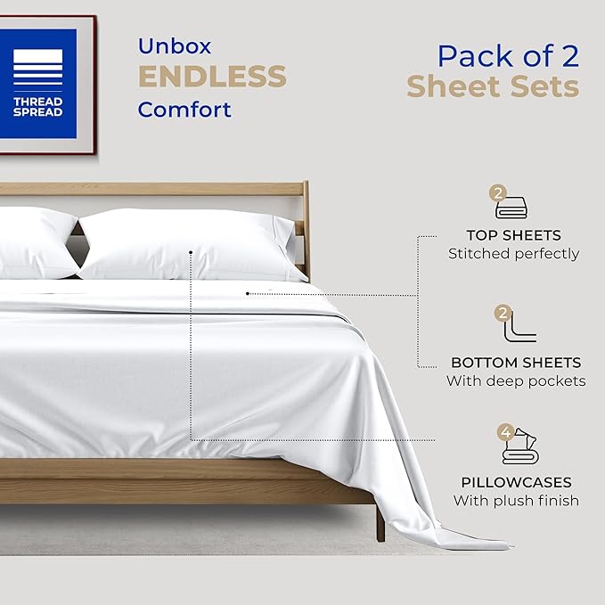 THREAD SPREAD 2-Pack Queen Size Sheets Set - 400 Thread Count 100% Cotton Sateen Weave - Extra Soft, Breathable, Hotel Quality Cooling Sheets, 2 Sets of Queen Size Deep Pocket Bed Sheets (White)