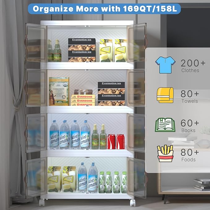 Extra Large Stackable Storage Bins with Lids&Wheels,500QT-125QT/32GAL*4Pack Collapsible Container Closet Organizers,Plastic Stackable Storage drawers for bedroom Dorm