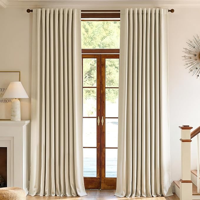 jinchan Chenille Blackout Curtains 96 Inches Long Beige Thermal Insulated Curtains for Living Room Bedroom 2 Panels Triple-Weave Noise Reducing Drapes Back Tab Full Privacy Window Curtains 50x96 Inch