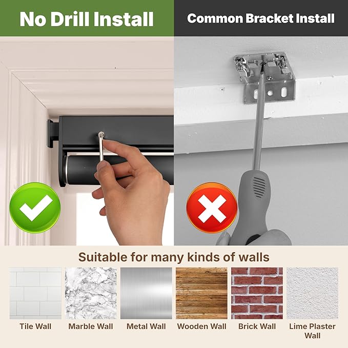 HESTIA No Drill Cordless Blackout Roller Shades Screwless Waterproof Shower Window Blinds, Auto-Retraction Easy Install Blind for Bathroom/Kitchen/Office/Exterior, Black, 55.5" W x 54" H