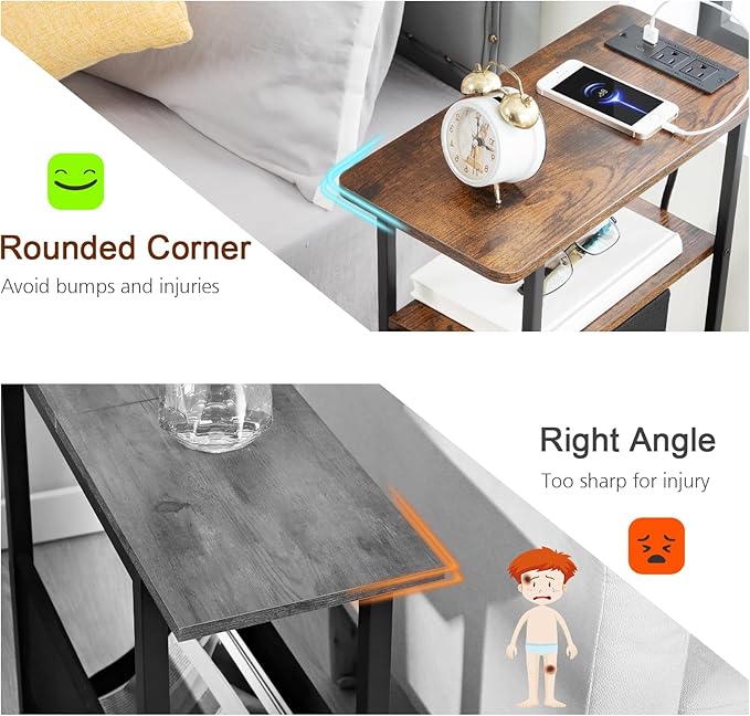 LOAKEKEL Narrow End Table Living Room with Charging Station, Skinny Side Table with Fabric Drawers, Slim Nightstand for Bedroom, Small Spaces, Couch, Brown, HETNDP03BR-1
