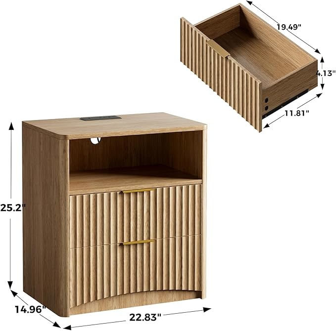 Evermagin Fluted Nightstand Set of 2 with Charging Station, Natural Oak Bedside Table with 2 Drawers, Wood End Table with Storage Mid Century Modern, Large Night Stand for Bedroom