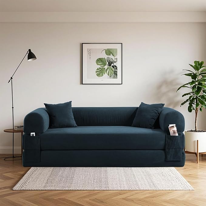80" Convertible Sofa Bed, Corduroy Deep Seat Folding Pull Out Couch with Pillows, No Assembly Modern Boneless Couch Compression Sofa in Box, Floor Sofa with Storage Pocket for Living Room,Dark Blue