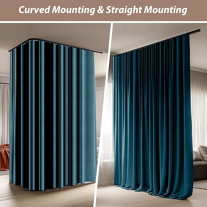 Room Divider Curtains with Ceiling Curtain Track Set Window Curtain for Bedroom,Living Room Total Blackout Thermal Insulated Privacy Ceiling Track Curtain W 6 × H 8 FT Azure Blue drape&Black track