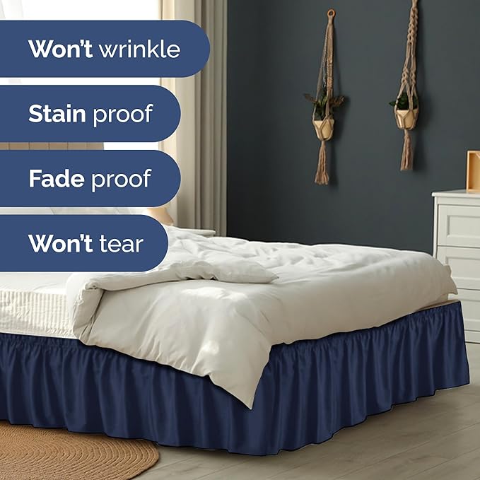Wrap Around Dust Ruffle Bed Skirt - Navy Blue - for Full Size Beds with 24 Inch Drop - Elastic Strap - Adjustable Pleated Bedskirt with Brushed Fabric and Wrinkle Free - for Women, Men, Kids & Teens