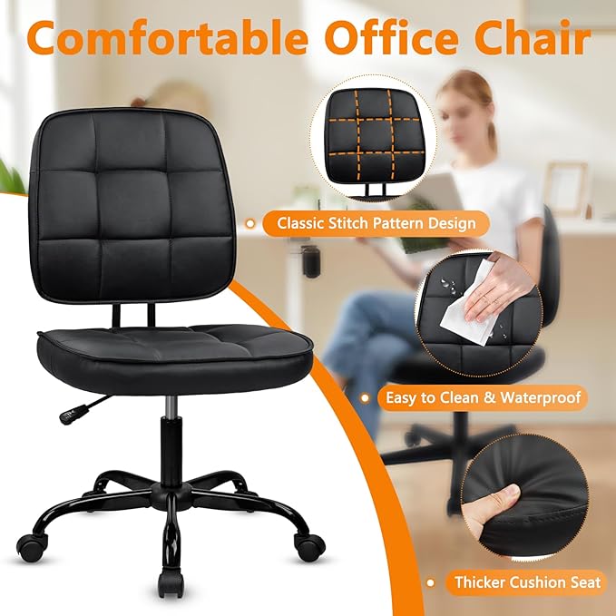 CLATINA Armless Home Office Chair with Lumbar Support and Wheels, Small PU Leather Ergonomic Low Back Desk Chairs No Arms, Adjustable Height 360° Swivel Rolling Computer Task Chair, Black, 2 Pack
