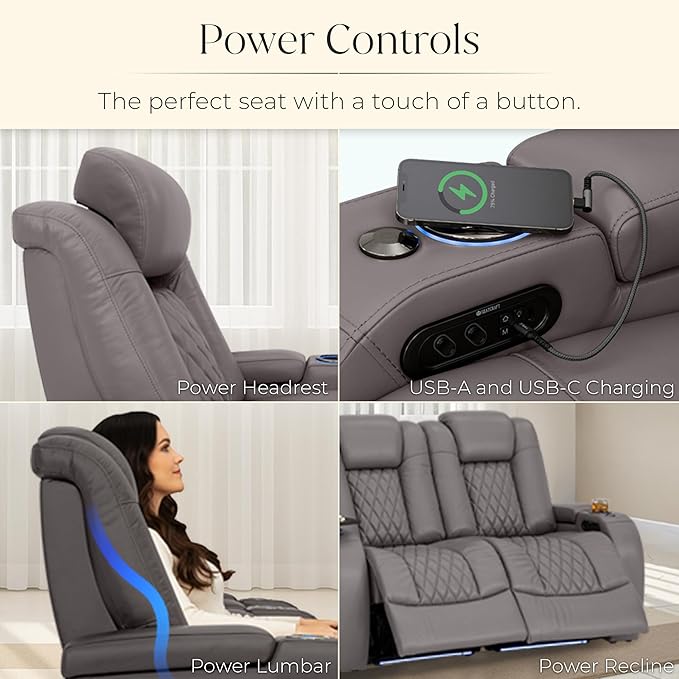 Seatcraft Diamante Zero-Gravity CoolZero Italian Leather Home Theater Seating, Power Headrest, Power Recline, Row of 3 Left Loveseat, Gray
