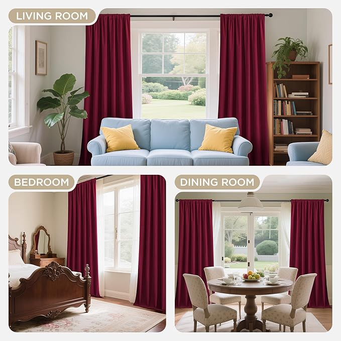Joydeco Red 100% Blackout Curtains 108 Inch 2 Panels, Luxury Thermal Red Velvet Curtains for Bedroom Living Room, Soundproof Blackout Window Drapes, Rod Pocket & Back Tab (52W x 108L)
