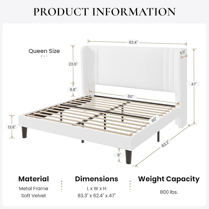 SHA CERLIN Queen Size Velvet Upholstered Platform Bed Frame with Vertical Channel Tufted Wingback Headboard, Wooden Slats Support, Easy Assembly, Under Bed Storage, No Box Spring Required, White