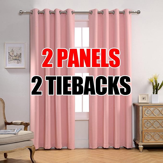 MIUCO Room Darkening Soild Grommet Blackout Curtains Panels for Nursery Window Curtains Set of 2 52x95 Inch Pink, Bonus 2 Tie Backs Included