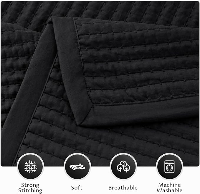 KASENTEX Queen Quilt Set 90"x90" – Soft Washed 3-Layer Lightweight Bedspread, Minimalist Nordic Design, All-Season Spring & Summer Quilt Set (1 Quilt + 2 Pillow Shams), Jet Black