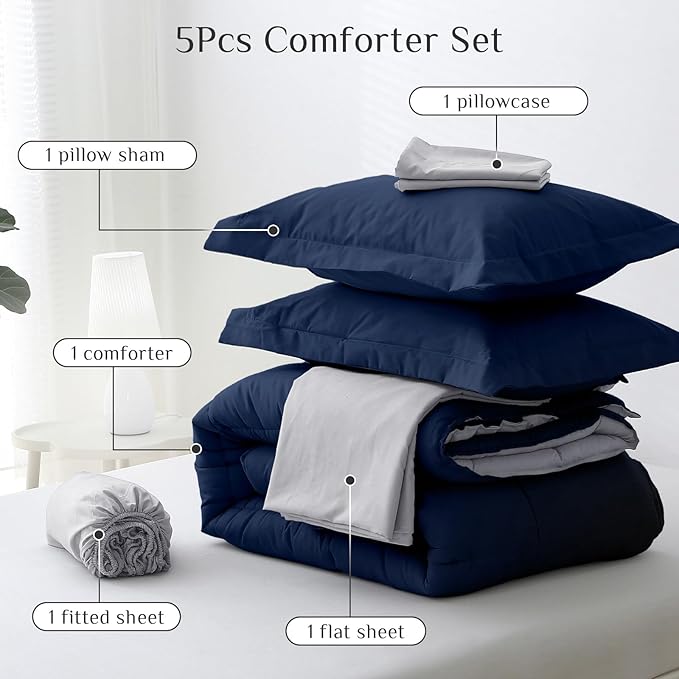 JOLLYVOGUE Twin XL Comforter Set, Ultra-Soft Bed in a Bag Twin XL Size 5 Pieces, Oeko-TEX Certified Bedding Set with Down Alternative Comforter, Sheets, Pillowcases & Shams, Navy Blue & Light Grey