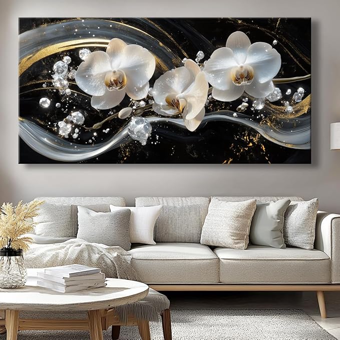 White Orchid Canvas Wall Art - Modern Floral Picture for Living Room, Bedroom Wall Decor, Framed Wall Art for Home Decoration, Elegant Flower Paintings Ready to Hang, Large Wall Art 75x150cm(30x60in)