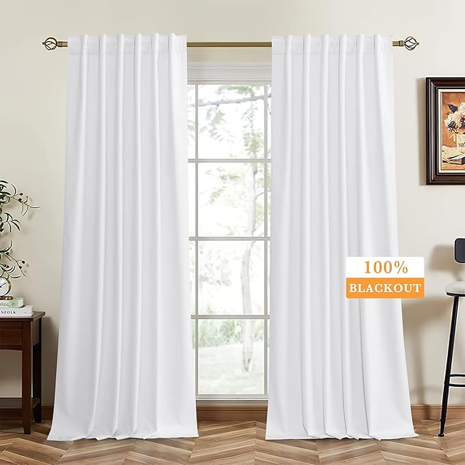 RYB HOME 100% Blackout White Velvet Curtains for Bedroom, Back Tab and Rod Pocket Thermal Insulated Room Darkening Curtains 84 inches Long for Living Room Nursery, White, 52W x 84L, 2 Panels