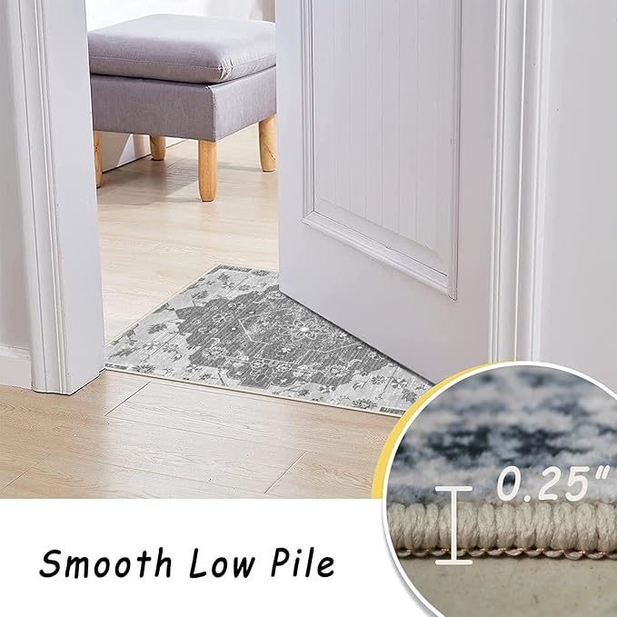 vivorug 5x7 Area Rugs, Stain Resistant Washable Rug for Living Room, Vintage-Inspired Grey Floral Rug