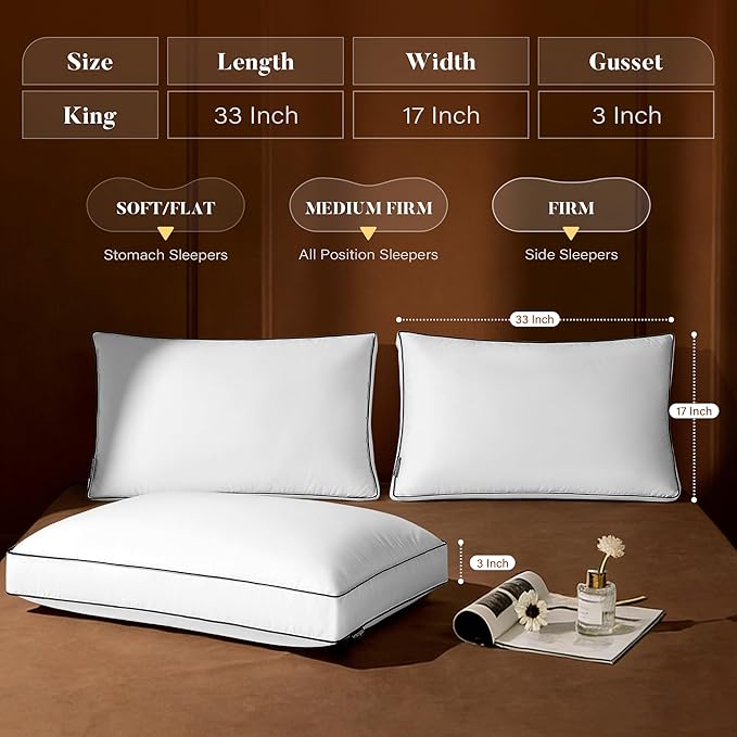 Flat Thin Goose Feather Down Pillow King Size Set of 2, Soft Down Surrounded Hotel Collection Bed Pillows for Sleeping with 3 Inch Gusset, 2 Pack, Plush for Stomach, Back Sleepers 20x36 in.
