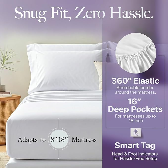 Carressa Linen California King Egyptian Cotton Sheet Sets - 600 Thread Count Cal King Cotton Sheet Set (4 PC, Crisp White), Extra Soft, Cooling, 16" Deep Pocket Sateen Weave Luxury Hotel Bed Sheets