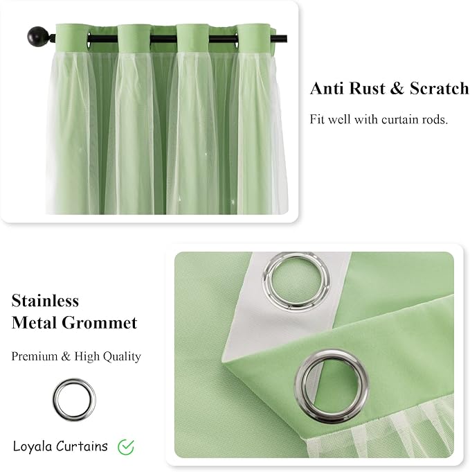 Star Double Layer Blackout Curtains for Bedroom, Kids - Cute, 96 Inches Long, 2 Panels Set, Green, 42 X 96 Inches