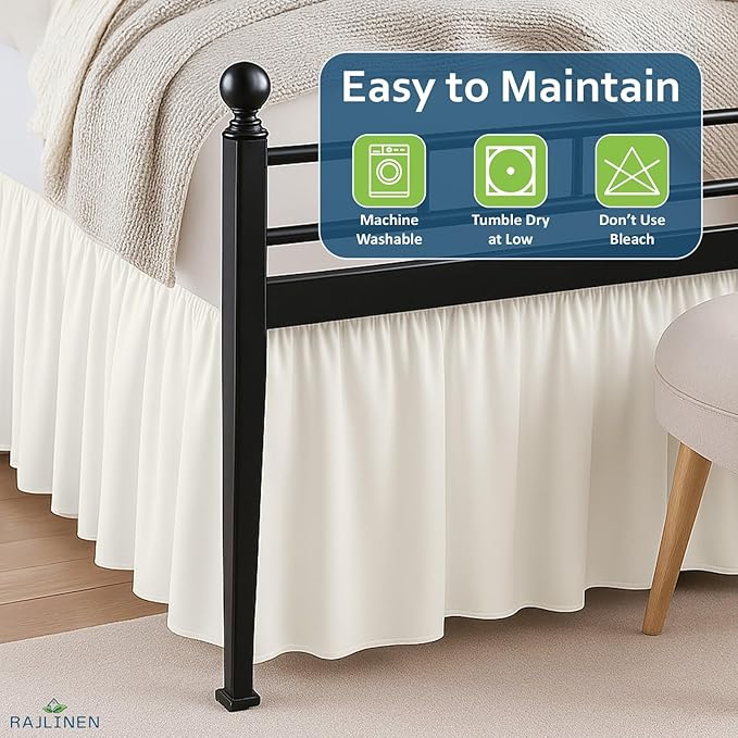 Rajlinen Ruffled Bed Skirt Twin XL, 12 Inch Drop Dust Ruffle with Split Corners, 100% Microfiber Bedskirt with Platform, Three-Sided Coverage Ruffled Gathering Design, Ivory