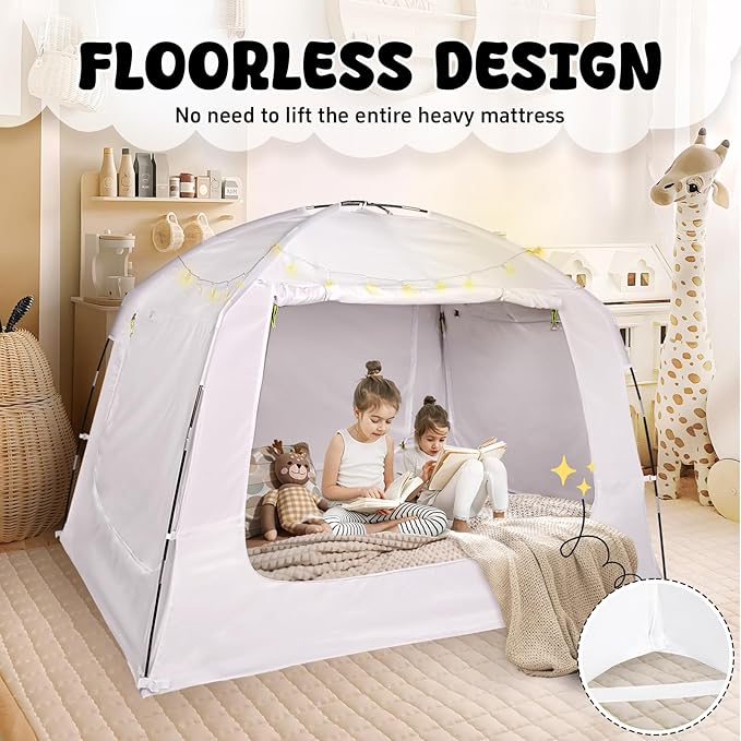 Bed Tent Bed Canopy Full Size for Kid and Adults 100% Breathable Tents 4 Doors 80% Blackout - Indoor Portable Sleeping Tents Privacy Large Space with String Light