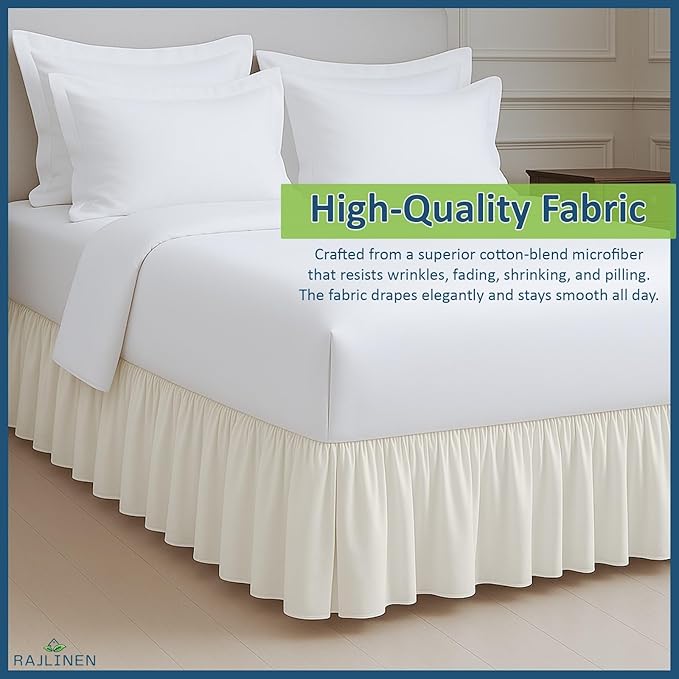 Rajlinen Ruffled Bed Skirt Twin, 10 Inch Drop Dust Ruffle with Split Corners, 100% Microfiber Bedskirt with Platform, Three-Sided Coverage Ruffled Gathering Design, Ivory
