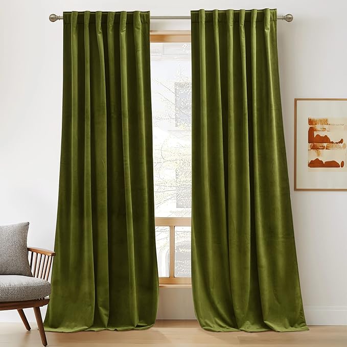 RYB Home Green Curtains 108 inches Long, Plush Velvet Curtains, Thermal Insulated Darkening Window Treatment for Living Room, Privacy Drapes for Guest Room, W52 x L108, 2 Panels