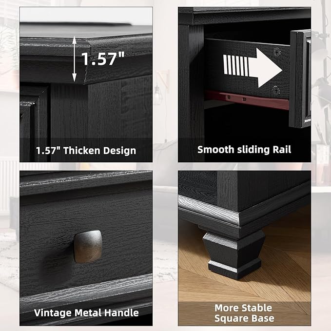 SAVOR LIFE Farmhouse End Tables Living Room with Drawer, Rustic Wood Nightstand with Charging Station, Bedside Table with Open Shelf for Bed Room, Living Room, Black