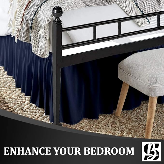 SKY BEDDINGS - Twin Size Ruffled Bed Skirt with Split Corners - 12 Inch Drop Dust Ruffle Bed Skirt with Platform Three Sided Coverage - 100% Microfiber, Navy Blue