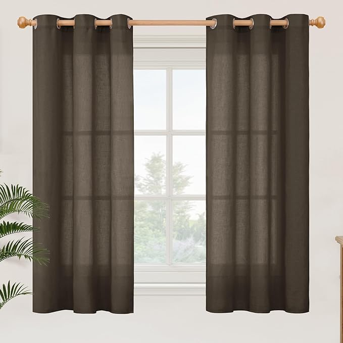 YoungsTex Brown Linen Semi Sheer Curtains 48 Inches Length, Light Filtering Small Window Drapes Privacy with Grommet for Living Room Bedroom, 2 Panels, 42 X 48 Inch