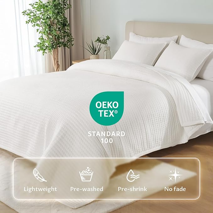 KASENTEX King XL Quilt Set 108"x98" – Soft Washed 3-Layer Lightweight Bedspread, Minimalist Nordic Design, All-Season Spring & Summer Quilt Set (1 Quilt + 2 Pillow Shams),Cream White