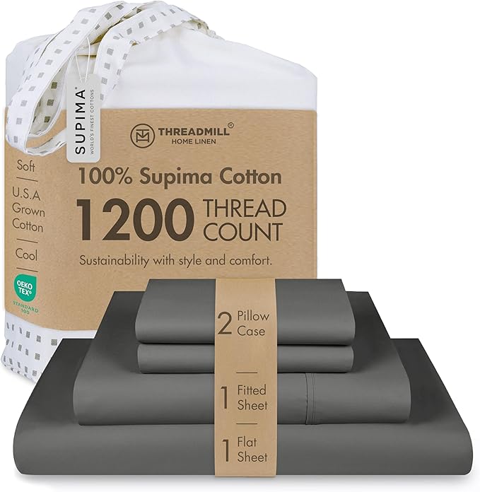 Threadmill 100% Supima Cotton Sheets, Luxury 1200 Thread Count Cotton Sheets for King Size Bed, 4 Pc Dark Grey King Bed Sheet Set, 5-Star Hotel Quality with Elasticized Deep Pocket King Sheet