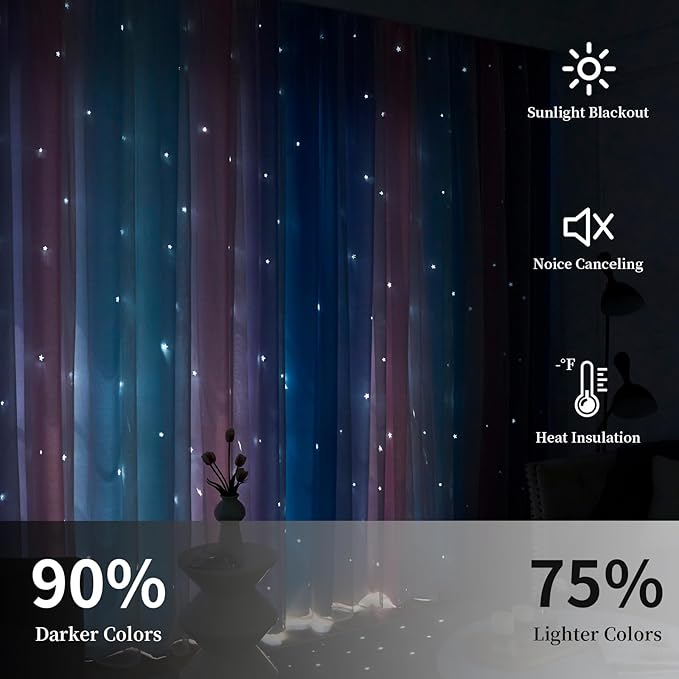 Star Blackout Curtains for Bedroom - Rainbow, 96 Inches Long, 2 Panels - Blue, Purple & Pink