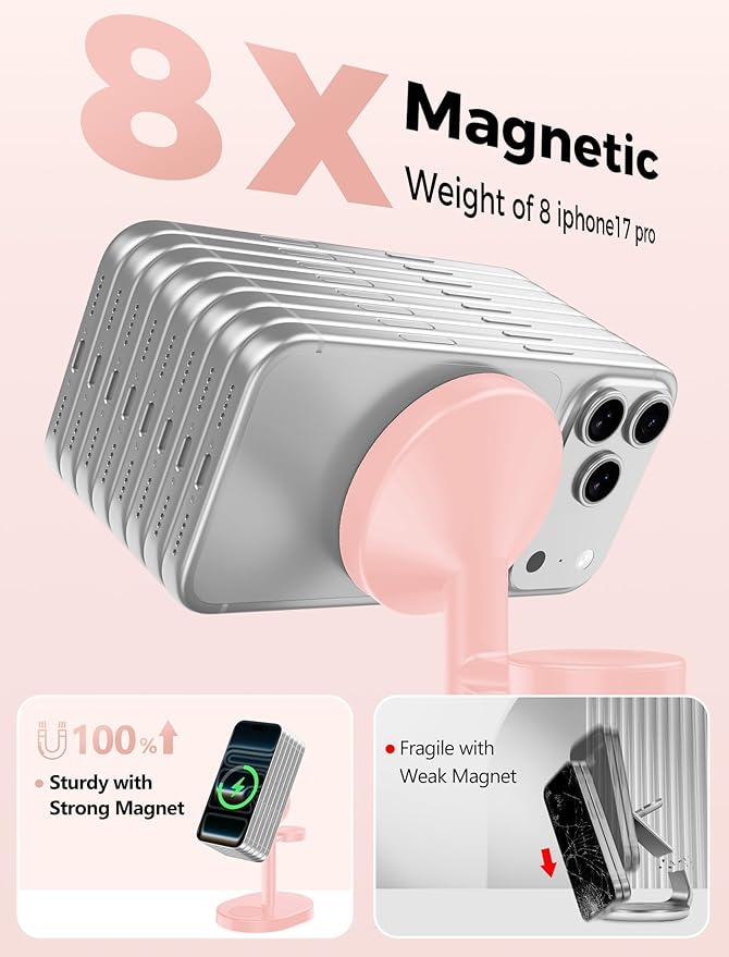 2025 3 in 1 Wireless Charging Station for Apple MagSafe Charger, 15W Fast Mag-Safe Charger Stand for iPhone 17 16 15 14 13 12 Apple Watch AirPods Compatible with MagSafe, Pink