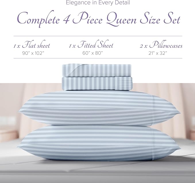 Carressa Linen Luxury Egyptian Cotton Queen Stripe Sheet Set, 600 Thread Count Extra Long Staple 4 PC Set, Queen Damask Sheets, Soft, Cooling Sateen Weave Sheets Upto 18" Deep Pocket - Light Blue